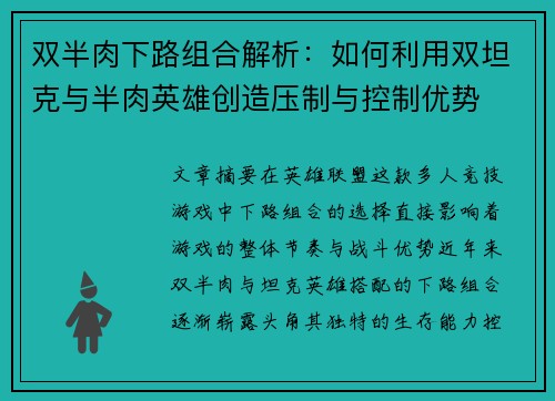 双半肉下路组合解析：如何利用双坦克与半肉英雄创造压制与控制优势